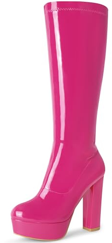 Allegra K Women Patent Leather Platform Chunky Heel Gogo Boots | 5.1-inch heel. Comfortable block heel. Office, Party, Dating. Chunky silhouette. Knee High design. ABS outsole