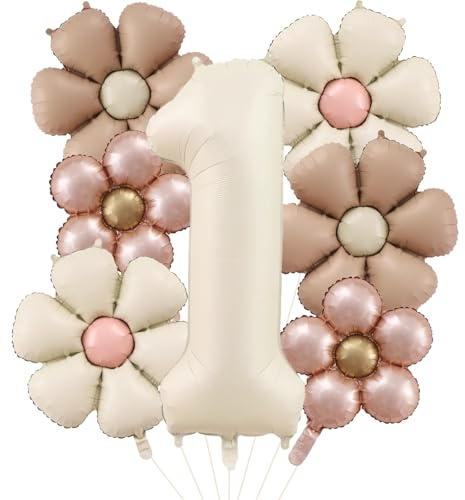 DazzJoy Födelsedagsdekoration 1 år flicka med tusensköna folieballong, ballong dekoration 1. Födelsedag flicka pojke, dekoration barns födelsedag 1 år, ballong 1 födelsedag flicka