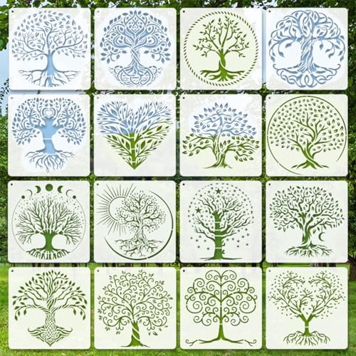 Yosugar Stencil di Pittura,16 Pezzi a forma di albero della vita Stencil,Riutilizzabili Motivo Stencils, Disegno Pittura Stencil Set, per per pareti,Tegola,Tela,Pavimento,Rocce e Legno