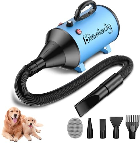Blanlody Asciugacapelli per Cani Blower Molto Silenzioso, 5,2 CV/3800 W, velocità Regolabile, Ventilatore per la Cura del Cane con 4 Diversi ugelli, Tubo Elastico e Spazzola per la Cura