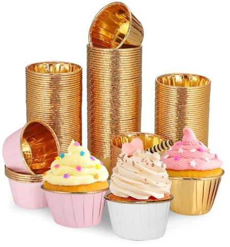 Eidoct 150PCS Cupcake Cases, Foil Cup Cake Cases, Greaseproof Cup Cake Cases for Baking, Mini Cupcake Cases, Thick Muffin Cases, Disposable, Perfect for Special Occasions (Gold, Pink, White)