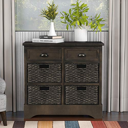 Bellemave Sideboard Buffet Cabinet with Storage, Acacia Wood Storage Cabinet with 2 Drawers and 4 Classic Rattan Basket for Dinning Room,Kitchen,and Living Room, Brown Gray