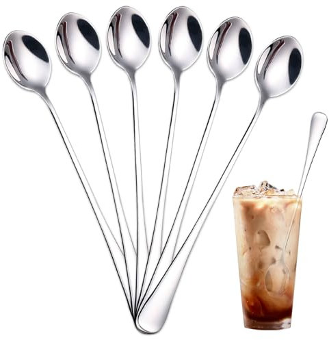 TAIHOBO Latte Spoons Long Handle, 7.76in Long Spoons for Latte Glasses, Dishwasher Safe Teaspoons Set of 6, Stainless Steel Sundae Spoons, Ideal for Ice Cream Milk Shake Espresso Cool & Hot Drinks