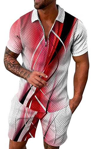 Trainingsanzug für Herren, kurzärmelig, locker, zweiteiliger Trainingsanzug, Strandstil, Hawaiianischer Stil, Herren, Sportanzug mit kurzen Ärmeln, Reißverschluss, modisch, Sport-Set 2025, rot, Large