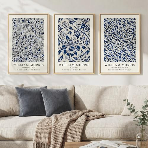Framed Large Blue William Morris Wall Art Set of 3, Vintage Botanical Floral Canvas Wall Decor Painting, Farmhouse Aesthetic Artwork Prints for Living Room, Bedroom, Hallway, Office, Total Size 30x60