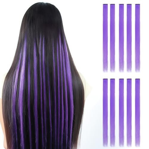 Luxiremi Extensiones de pelo de colores para niños, color morado | 10 extensiones de pelo sintético de 22 pulgadas de largo, con clip, ideal para vacaciones