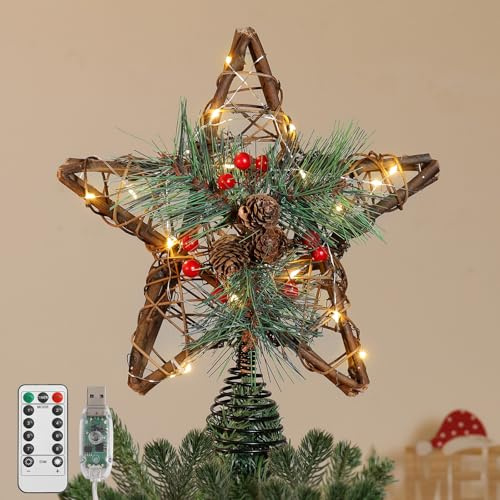 Lewondr Corona Árbol De Navidad, 10,63 20LED Estrella Navidad De Ratán Rústica con Piña Y Hojas, Temporizador 6H, 8 Modos Luz, USB Y Control Remoto Estrella Corona para Decoración Navideña, Marrón