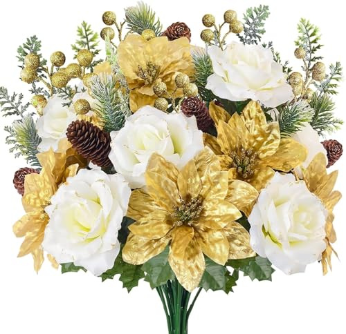 FALSKT Künstlicher Weihnachtsstern Künstlich Weihnachtsblumen Gold Kunstblumen Weihnachten Blumen Weihnachtsstrauß Künstlich Weihnachtssterne Deko Weihnachtsdeko für Party Weihnachten Deko