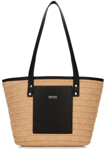 WITTCHEN Damen Geflochtener Korb | Tote Bag | Damen Umhängetasche | Shopper Damen | Boho Sommertasche mit Kunstledergriffen | Elegante Handtasche im Korbdesign | beige-schwarz