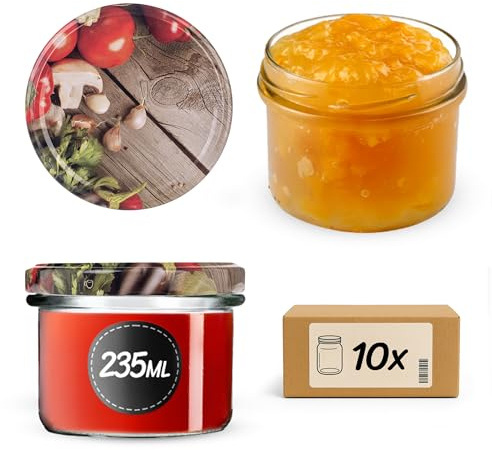 KADAX Lot de 10 bocaux à confiture en verre - 235 ml - Avec couvercle à visser de 82 mm de diamètre - Petits pots à confiture et miel - En verre (tomates