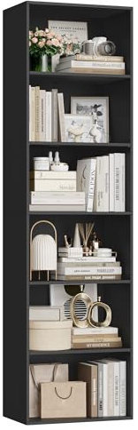FirFurd 190.5cm Tall Bookcase 6 Tiers Slim Bookshelf Free Standing Wooden Book Shelf with Adjustable Shelves Cube Storage Shelving Unit for Living Room Home Office Black 48x30x190.5cm