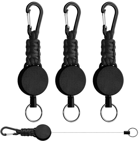 Redamancy Schlüsselanhänger Ausziehbar 3 Stücke, Einziehbarer Schlüsselband mit 60cm Stahldraithseil und Karabinerhaken, Ausweishalter Retractable für Schlüssel, ID Karten, Schwarz