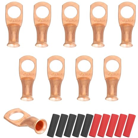 sourcing map 10pcs 6 AWG M10 Battery Lugs Ring Terminals, 3/8 10mm Stud Crimp Wire Terminal Connector End Copper, 2:1 Heat Shrink Tubing, Gold