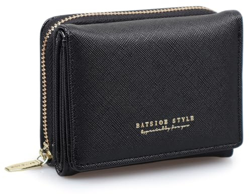 Portefeuille Femme Petit en Polyuréthane 8 Emplacements Cartes Porte-Monnaie Compact avec Compartiment Monnaie & Fenêtre Photo, Design Classique Portable pour Filles/Femmes (Noir)
