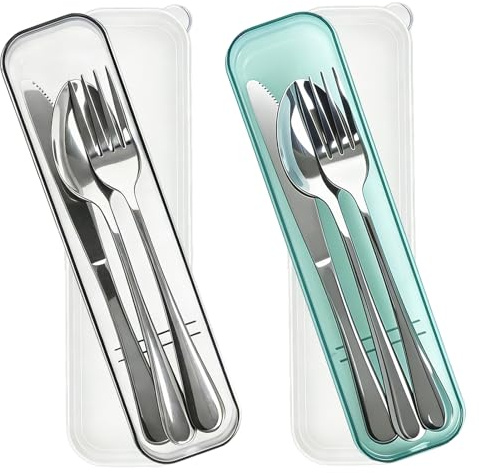 Vajilla de camping para 2 personas, cubertería de viaje de acero inoxidable con estuche, cuchara, tenedor, cuchillo, cubiertos para viajes, vajilla de camping para exteriores, accesorios de viaje