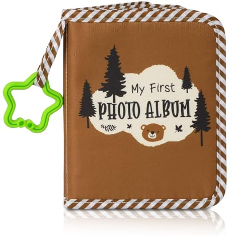 My First Photo Album for Newborns, 6x4 Bear Pattern Baby Photo Album Soft Book with Hook Mirror, Durable Brown Baby First Photo Album 17 Photos, Keepsake for Toddlers