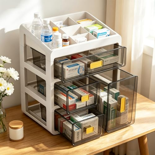 Organizador de Medicamentos de 4 Pisos - Armario Apoteca con Cajones Transparentes - Caja de Almacenamiento de Plástico para Medicamentos, Cosméticos Pequeños (Blanco)