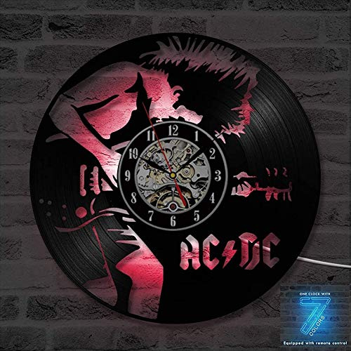 H&RB AC.DC Disco de Vinilo del diseño del Reloj de Pared, Adaptarse a Las escenas de Interior, preciso y silencioso al Caminar (con LED, 7 Colores Disponibles)