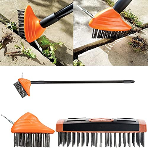 3 in 1 Extendable Telescopic Handle Paving Garden Patio Cleaner Weed Brush Broom Twin Heads Set, Metal Wire, V-Blade Scraping Tool, Clean Grout, Remove Weeds, Moss Build-Up, Eco-Friendly