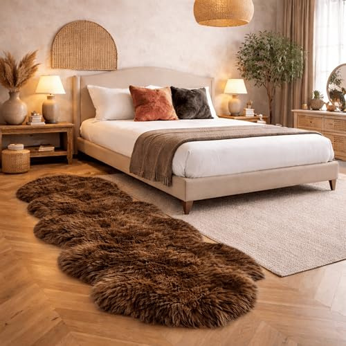 Lammfell Echt Teppich 180 x 60cm, Schaffell Echt Groß, Naturfell Braun | Natürliche Teppich Wohnzimmer, Deko Fell Schlafzimmer, Lammfelle Schaffelle