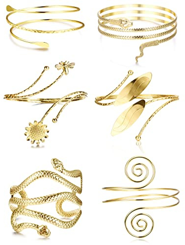 Kakonia 6 Piezas Brazalete de Brazo para Mujer Brazalete de Serpiente para Mujer Brazalete Dorado Brazalete de Hoja Conjunto de Joyería Ajustable