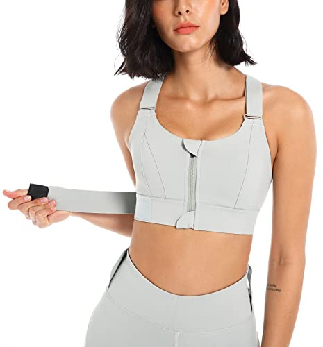 SEAUR Sport-BH fast bröstvaddering främre dragkedja dam-bh med justerbara/ej justerbara remmar träning bustier för löpning yoga, (stil 1, justerbar) grå 1, S