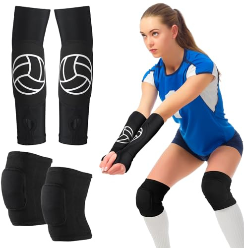 Hungdao 1 Set Volleyball Knee Pad and Arm Sleeve Volleyball Accessories Stuff Forearm Elbow Sleeve Wrist Guard with Protection Pad and Thumb Hole for Women Men Adult(Classic)