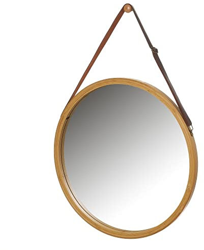 LOLAhome Espejo con Correa Ajustable de Polipiel, Marco de Bambú Natural, Espejo de Pared Redondo/Ovalado, Espejo de Pared para Baño, Comedor, Salón, Entrada (Redondo 38 cm)