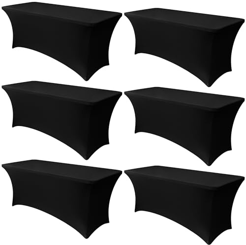 Obstal 6 Pack Stretch Spandex Table Covers for 6 Foot Tables - 6 FT Universal Rectangular Fitted Tablecloth Protector for Wedding, Banquet, Party (Black, 72 Length x 30 Width x 30 Height Inches)
