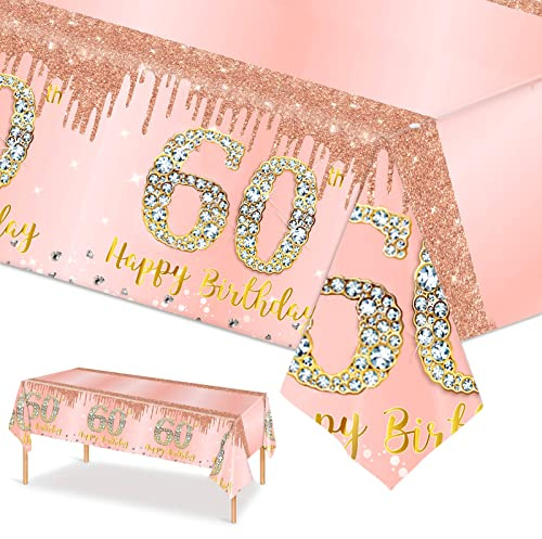 Rotgoldfarben Tischdecke zum 60. Geburtstag Roségold Tischdeko Geburtstag für Frauen,137 * 274cm Rechteck Wasserdicht Tischdecke für Alles Gute 60. Geburtstag Party Deko