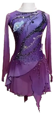 JRUIA Eiswalze Tanz Kostüm Für Mädchen Professionelles Eiskunstlauf Wettkampf Kostüm Für Damen Langärmliges Kleid Gymnastik Performance-Eislaufbekleidung Handgemacht,A,M