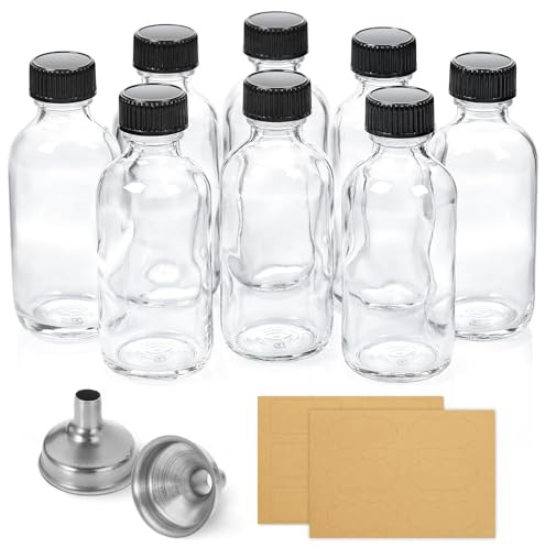 AOZITA 8 Pack, 2 oz Small Clear Glass Bottles w/Lid & 2 Funnels - 60ml Boston Shot Bottles for Health, Immunity, Potion, Wellness, Sample, Ginger, Juice - Mini Personal Care & Beauty Travel Bottle