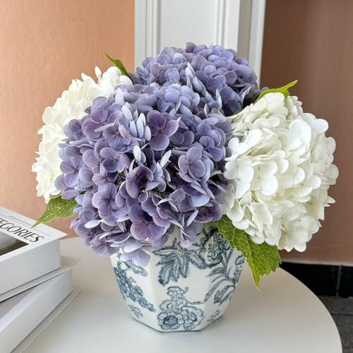 YalzoneMet Lot de 4 hortensias artificielles réalistes de 53,3 cm de long en latex au toucher réaliste pour Noël, maison, fête, cuisine, centre de table, décoration de Noël, 2 blancs et 2 violets