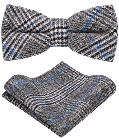 JEMYGINS Nœud papillon pour homme, en laine unie, en feutre, convient pour l'automne et l'hiver et ensembles de mouchoirs de poche, Lignes bleues gris foncé, M