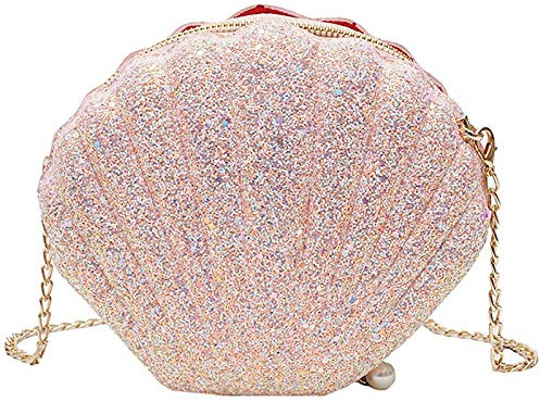 Gokelomg Frauen Mädchen Kleine Meerjungfrau Muschel Geldbörse Umhängetaschen Glitzer Pailletten Kette Abendtasche, Perle Shell Handtasche, Geburtstag Geschenk, Rosa