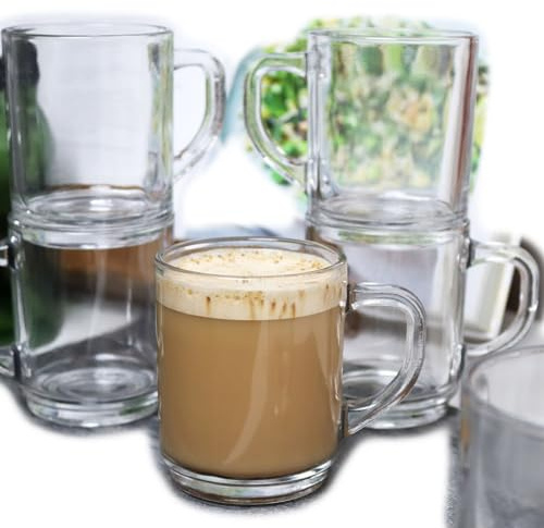 Darthome Glass Stacking Mugs Set of 6 225ml Round Clear Hot Drinks Coffee Tea Latte Cups