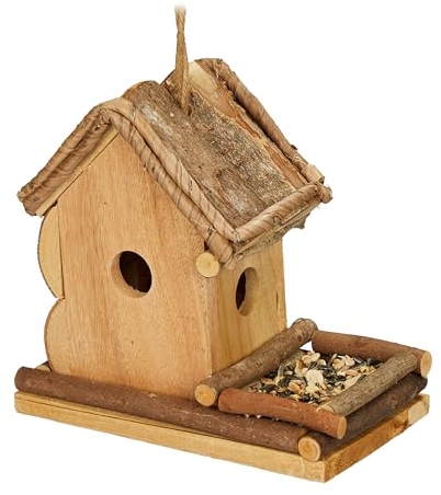 Relaxdays Casetta Decorativa per Uccelli con Mangiatoia, Casa per Uccellini da Esterno, 21x21x12,5 cm, Legno, Naturale