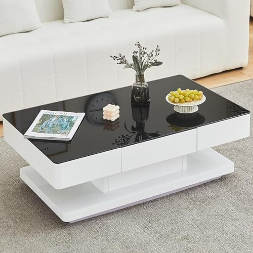 CLIPOP Couchtisch Hochglanz, 2 Schubladen, Glasplatte, schwarz 100*60*35cm | Gehärtetes Glas, großer Stauraum, für Wohnzimmer, Büro, Empfang, Wartebereich, modernes Design, stabil