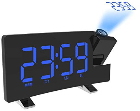Réveil avec Projection Radio, Grand écran LED avec réglage Automatique de l'intensité de l'horloge numérique, Horloge électronique avec Radio, minuterie de Mise en Veille, projecteur 180 °,