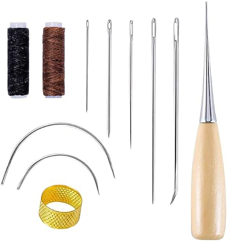 Buaak Leather Sewing Kit, 11 Pcs Leather Repair Kit, Heavy Duty Leather Working Ki t, with Waxed Thread, Curved Needle, Sewing Awl, Thimble, for Sofas Carpet Furs Canvas Repair DIY Crafts