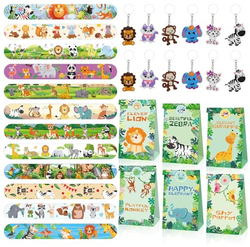 36 Pcs Dschungel Safari Party Mitgebsel Kindergeburtstag,Inklusive 12 Kinder Slap Armbänder,12 Schlüsselanhänger ,12 Geschenktüte für für Kinder Jungen Safari Tiere Deko Waldtiere Themed Party