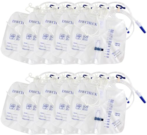 DWCHECK Urinbeutel mit Anti-Reflux-Kammer, 2000 ml Urinbeutel mit 121,9 cm Schlauchablauf, spritzwassergeschützter Ablaufauslauf, Clips und Haken zum Aufhängen, Einweg-Urinbeutel für Männer, 10 Stück
