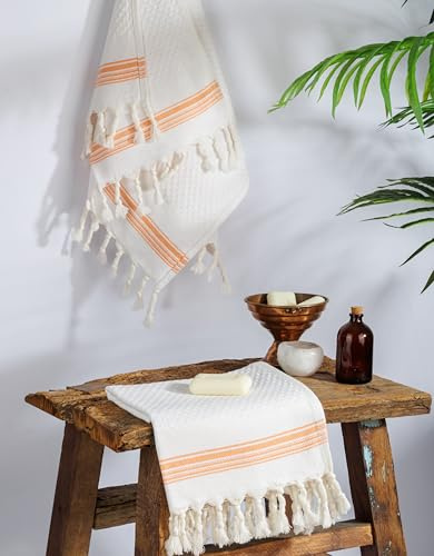 DEMMEX Toallas turcas de baño y mano de algodón con burbujas de verano, toalla peshtemal, 100% algodón turco, textura de burbujas de algodón de felpa más suave (blanco-naranja coral, 2 tamaños de mano