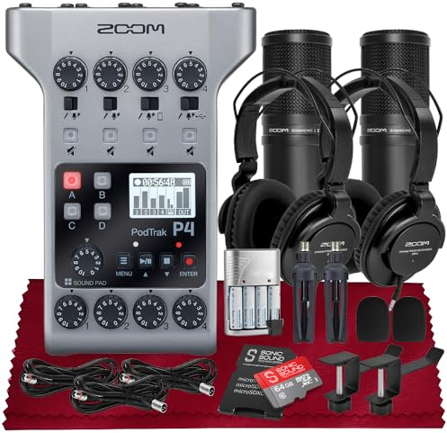 Zoom PodTrak P4 Tragbarer Multitrack-Podcast-Recorder, Audio-Schnittstelle mit 4 Mikrofoneingängen, 4 Kopfhörerausgänge mit 2 x Zoom DM1-PMP Podcast-Mikrofon-Set, 2 x Kopfhörer-Aufhänger,