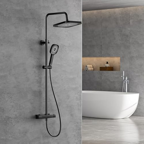 FORIOUS Thermostatic Shower Mixer Set,Stainless Steel Shower Bar Set with 25cm Square Shape Overhead RainfallShower,3 Jet Types HandShower, Adjustable Height Shower Rod Thermostatic Shower System
