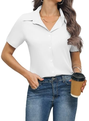 Zeagoo Bluse Für Damen V-Ausschnitt Hemd Business Hemdbluse Elegant Blusen Mit Knöpfen Oberteile Lässige Hemden Kurzarm Top Weiß S