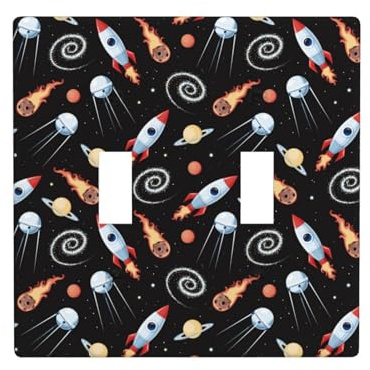 Toggle Light Switch Cover Plate, 2 Gang Wall Plates Standard Size 4.5 x 4.5, Space rocket B Double Light Switch Cover Plate Decorative, Outlet Covers Wall Plate