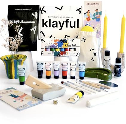 Klayful-Töpferset für Anfänger | Lufttrocknendes DIY Set für Erwachsene | 3kg of ton,Werkzeuge,Acrylfarben,Pinsel, Dichtmittel,Anleitung (1,5 kg Ton Weiß – Klassische Farben)