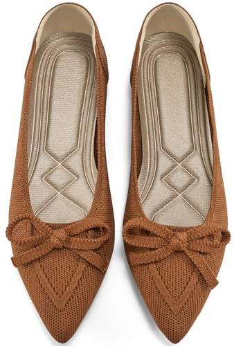 Ablanczoom Ballet Flats Shoes for Women: Dressy Pointed Toe Bow Knit Flats Comfortable Slip On Work Business Casual Shoes Brown