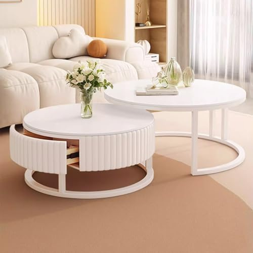 SeraphicCharm runt soffbord marmor, set om 2, modernt soffbord, rund, vit med förvaringsutrymme, 50 + 70 cm, vardagsrumsbord, vitt med träförvaringslåda, utdragbart bord, vardagsrum, stabil metallram